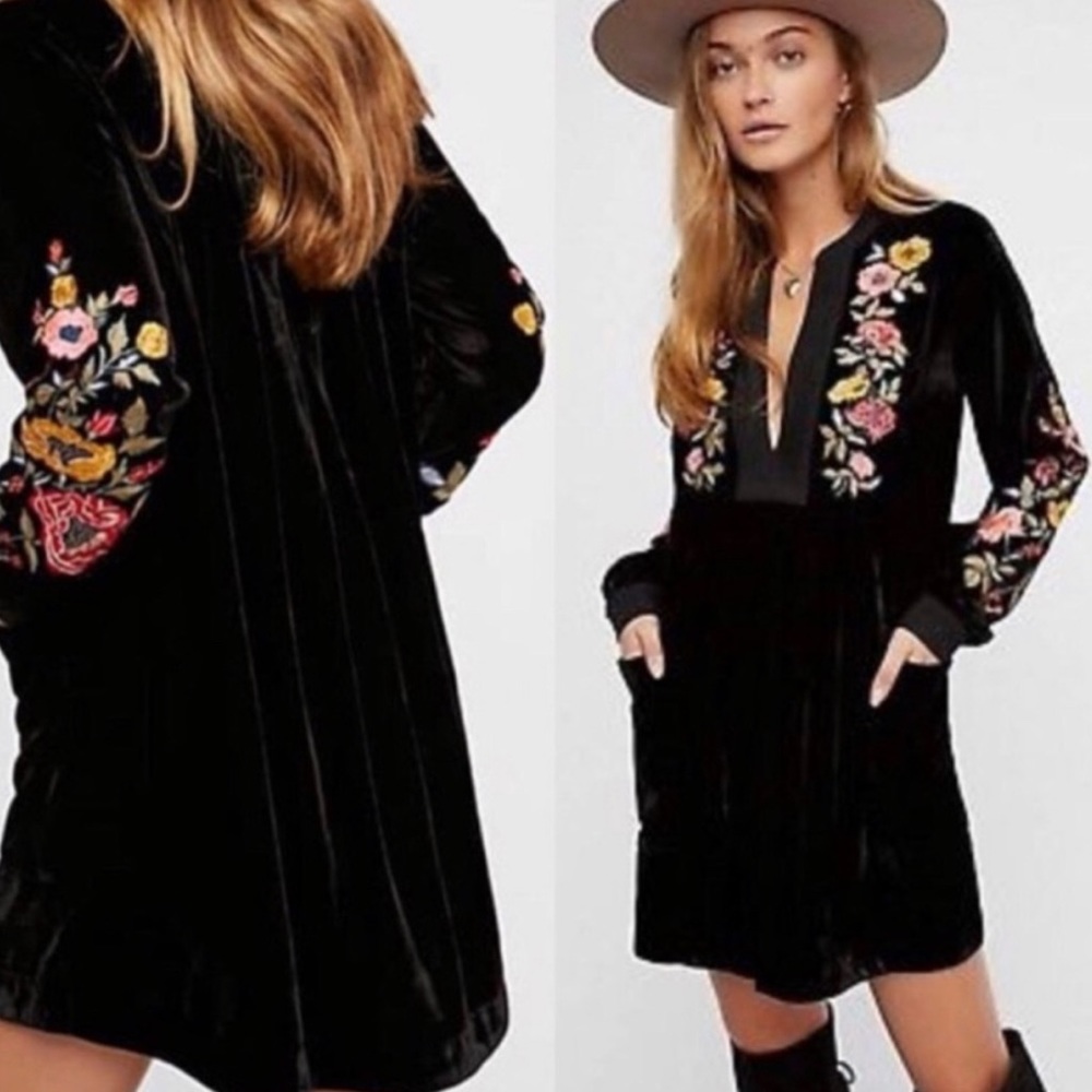 Free people black embroidered velvet boho dress size xs